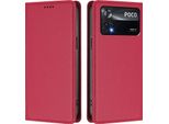 Custodia Per Xiaomi Poco X4 Pro 5G, Flip Cover In Finto Cuoio Antiurto Magnetica Con Supporto Rosso