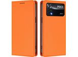 Custodia Per Xiaomi Poco X4 Pro 5G, Flip Cover In Finto Cuoio Antiurto Magnetico Con Supporto Arancione