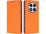 Custodia In Pelle Per Xiaomi Redmi Note 14 Pro 4G, Custodia Flip Magnetica In Finto Cuoio Con Supporto Arancione