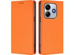 Custodia In Pelle Per Xiaomi Redmi Note 14 4G, Custodia Flip Magnetica In Finto Cuoio Con Supporto Arancione