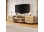 Merax Tv Lowboard Con Rattan, Mobile Tv Da Soggiorno Con Gestione Dei Cavi, Supporto Tv Con 2 Cassetti E 1 Anta, Per Tv Fino A 70 Pollici, Colori Legno