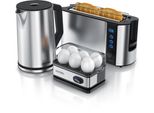 Arendo Frühstücksset 3-teilig, 2-Scheiben Toaster, 6er Eierkocher, Wasserkocher 1,5L, Silber