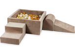Parco Giochi In Schiuma Con Vasca Quadrata 90X90X40 Velvet Soft Dark Beige + 400 Palline: Trasparenti, Bianche, Beige, Oro