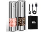 Macinino Elettrico Pere Pepe Set 2 In Acciaio Inox (Ricaricabile, Illuminazione Led, Anello In Ceramica Regolabile, Spazzola Per La Pulizia) Macinino Per Spezie