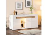 Credenza Merax 140×40×70 Cm Con Ripiani In Vetro E Controllo App, Cassettiera Bianca Lucida + Effetto Legno, Mobile Da Soggiorno A 3 Ante Con Sistema Di Illuminazione Usb