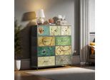 Cassettiera Vintage A 9 Cassetti Con Frontali Decorativi Multicolore, Robusta Struttura In Metallo, Originale Contenitore Retrò Per La Casa
