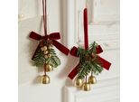 2 Fiocchi Per Ghirlande Natalizie Con Campanelle E Pigne Come Topper Per L'albero Di Natale, Fiocchi Natalizi Con Pigne E Campanelle Pendenti