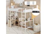 Letto A Soppalco Sweiko, 90X200Cm , Senza Materasso, Letto Con Scrivania, Con Presa E Usb, Diversi Ripiani, Armadio A Giorno, Ringhiera, Scala, Struttura In Ferro, Bianco