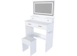 Comodino Da Camera Da Letto Con Specchio, Incluso Sgabello Imbottito, Presa Di Corrente, Supporto Per Asciugacapelli, 4 Cassetti, Luce Led A 3 Colori Dimmerabile