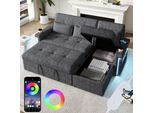 Divano Angolare A L Merax A 3 Posti, Con Funzione Letto, Funzione Letto, Led E Usb, Portabicchieri, Divano Letto In Ciniglia, Divano Letto, Letto Pieghevole, Grigio