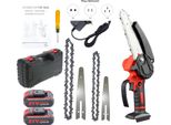 Mini Motosega - Batteria 21 V - Barra 10/15 Cm - Blocco Di Sicurezza - 2 Catene - 2 Batterie - Rosso
