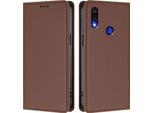 Custodia Per Xiaomi Redmi Note 7/Note 7 Pro, Flip Cover In Finto Cuoio Antiurto Magnetica Con Supporto Marrone