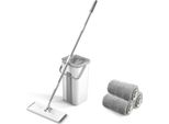 Mop In Microfibra Con Secchio - Mop Piatto - Auto-Strizzante A Mani Libere - Rivestimenti Lavabili E Riutilizzabili - Manico In Alluminio - Testa In Pp - Bianco