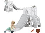 Scivolo Per Bambini Aiyaplay, 5 In 1, Scivolo Per Bambini Con Canestro, Struttura Telescopica Per Arrampicata, Scivolo Con Cesto Portaoggetti E Canestro Da Basket Per Bambini 1-3 Anni, Per Interni, Grigio 70 X 177 X 92 Cm