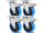Set Di 4 - Ruote Piroettanti Per Mobili - 100 Mm (10 Cm) - Con Freno - Per Uso Intensivo - Silenziose E Antitraccia - Gomma - Blu