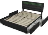 Struttura Letto Con Illuminazione Led E 4 Cassetti, Letto Matrimoniale Imbottito 140X200Cm, Testata Regolabile In Altezza, Rete A Doghe In Legno, (Senza Materasso)
