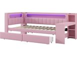 Lettino Imbottito 90X200 Con Porte Usb E Cintura Led, Con Scrivania E 2 Cassetti, Rosa,