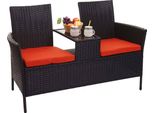 Panca In Poly-Rattan Con Tavolo HWC-E24, Panca Da Giardino Gruppo Di Seduta Divano Da Giardino, 132 Cm ~ Nero, Cuscini In Terracotta