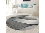 Tappeto Da Salotto Moderno Design A Onde In Blu Grigio Antracite - Facile Da Pulire Dimensioni - 200 Cm Rotondo