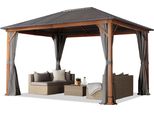 Toolport Gazebo Da Giardino 3X4 M Look Legno, Tetto Hardtop In Acciaio, 4 Teli Laterali Color Grigio
