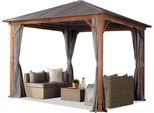 Toolport Gazebo Da Giardino 3X3 M Look Legno, Tetto Hardtop In Acciaio, 4 Teli Laterali Color Grigio