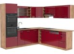 Vicco Cucina Angolare Completa R-Line, 247 X 60 Cm , Pl Rovere, Rosso Lucido/Rovere Dorato/Quercia Dorata