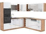 Vicco Cucina Angolare Completa R-Line, 237 X 247 Cm , Pt Rovere, Bianco Lucido/Oro Power Oak