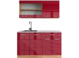 Vicco Cucina Monoblocco R-Line, 140 Cm , Pl Marmo, Rosso Lucido/Rovere Dorato/Quercia Dorata