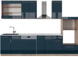 Vicco Cucina Componibile Fame-Line, 300 Cm Con Armadio Alto, Pt Marmo, Blu Scuro Lucido/Rovere Dorato