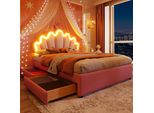 Letto Imbottito Merax 140X200Cm, Letto Da Principessa Con Luci Led, Testata Regolabile, 2 Cassetti, Design A Corona, Pu, Letto Per Bambini, Letto Per Giovani, Rosa