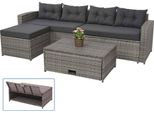 Set In Poly-Rattan HWC-J34, Set Da Balcone/Giardino/Soggiorno Divano, Vano Portaoggetti ~ Grigio, Cuscini Grigio Scuro