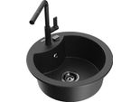 Mexen Diego Lavello In Granito 1-Vasca Con Miscelatore Da Cucina Flora, Nero/Argento Metallizzato - 6512-73-670401-70-B