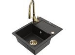 Mexen Enzo Lavello In Granito 1-Vasca Con Sgocciolatoio E Rubinetto Da Cucina Savita, Nero/Oro Metallico - 6506-75-672601-50