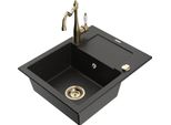 Mexen Enzo Lavello In Granito 1-Vasca Con Scolapiatti E Rubinetto Da Cucina Carla, Nero/Oro Metallizzato - 6506-75-670700-50