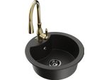 Mexen Diego Lavello In Granito A 1 Vasca Con Miscelatore Da Cucina Savita, Nero/Oro Metallizzato - 6512-75-672601-50-B
