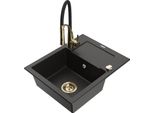 Mexen Enzo Lavello In Granito A 1 Vasca Con Gocciolatoio E Rubinetto Da Cucina Aster, Nero/Oro Metallizzato - 6506-75-73450-57-G