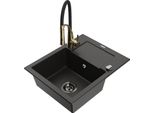 Mexen Enzo Lavello In Granito Con 1 Vasca E Scolapiatti E Rubinetto Da Cucina Aster, Nero/Oro Metallizzato - 6506-75-73450-57-B