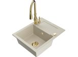Mexen Enzo Lavello Da Cucina In Granito 1-Vasca Con Sgocciolatoio E Rubinetto Da Cucina Savita, Beige - 6506-69-672601-50