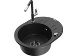 Mexen Kevin Lavello In Granito A 1 Vasca Con Gocciolatoio E Rubinetto Da Cucina Flora, Nero/Argento Metallizzato