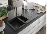 Mexen Andres Lavello In Granito 1,5 Vasche Con Sgocciolatoio E Rubinetto Cucina Aster, Nero/Argento - 6515-73-73450-57-B
