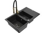 Mexen Gaspar Lavello In Granito 1,5 Vasche Con Sgocciolatoio E Rubinetto Da Cucina Aster, Nero/Argento - 6507-73-73450-57-B