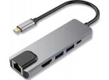 5 In 1 Hub Type-C A 4K Hdmi / Usb 3.0 / Lan RJ45 Gigabit Ethernet / Adattatore Pd 60W Per Macbook / Laptop Windows