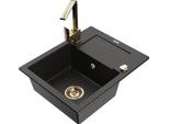 Mexen Enzo Lavello In Granito 1-Vasca Con Scolapiatti E Rubinetto Da Cucina Rita, Nero/Oro Metallizzato - 6506-75-670300-50