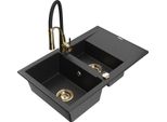 Mexen Gaspar Lavello In Granito 1,5 Vasche Con Gocciolatoio E Miscelatore Da Cucina Aster, Nero/Argento - 6507-73-73450-57-G