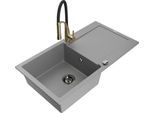 Mexen Leo Lavello Da Cucina In Granito A 1 Vasca Con Scolapiatti E Miscelatore Da Cucina Aster, Grigio - 6501-71-73450-57-B