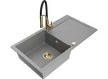 Mexen Leo Lavello Da Cucina In Granito 1-Vasca Con Gocciolatoio E Rubinetto Cucina Aster, Grigio - 6501-71-73450-57-G