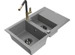 Mexen Gaspar Lavello In Granito 1,5 Vasche Con Scolapiatti E Rubinetto Da Cucina Flora, Grigio - 6507-71-670401-57-B