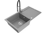 Mexen Leo Lavello Da Cucina In Granito 1-Vasca Con Sgocciolatoio E Miscelatore Aster, Grigio - 6501-71-73450-07