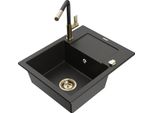 Mexen Enzo Lavello In Granito 1-Vasca Con Scolapiatti E Miscelatore Cucina Flora, Nero/Oro Metallizzato - 6506-75-670401-57-G
