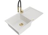 Mexen Leo Lavello In Granito Con 1 Vasca E Scolapiatti E Rubinetto Da Cucina Aster, Bianco - 6501-20-73450-57-G